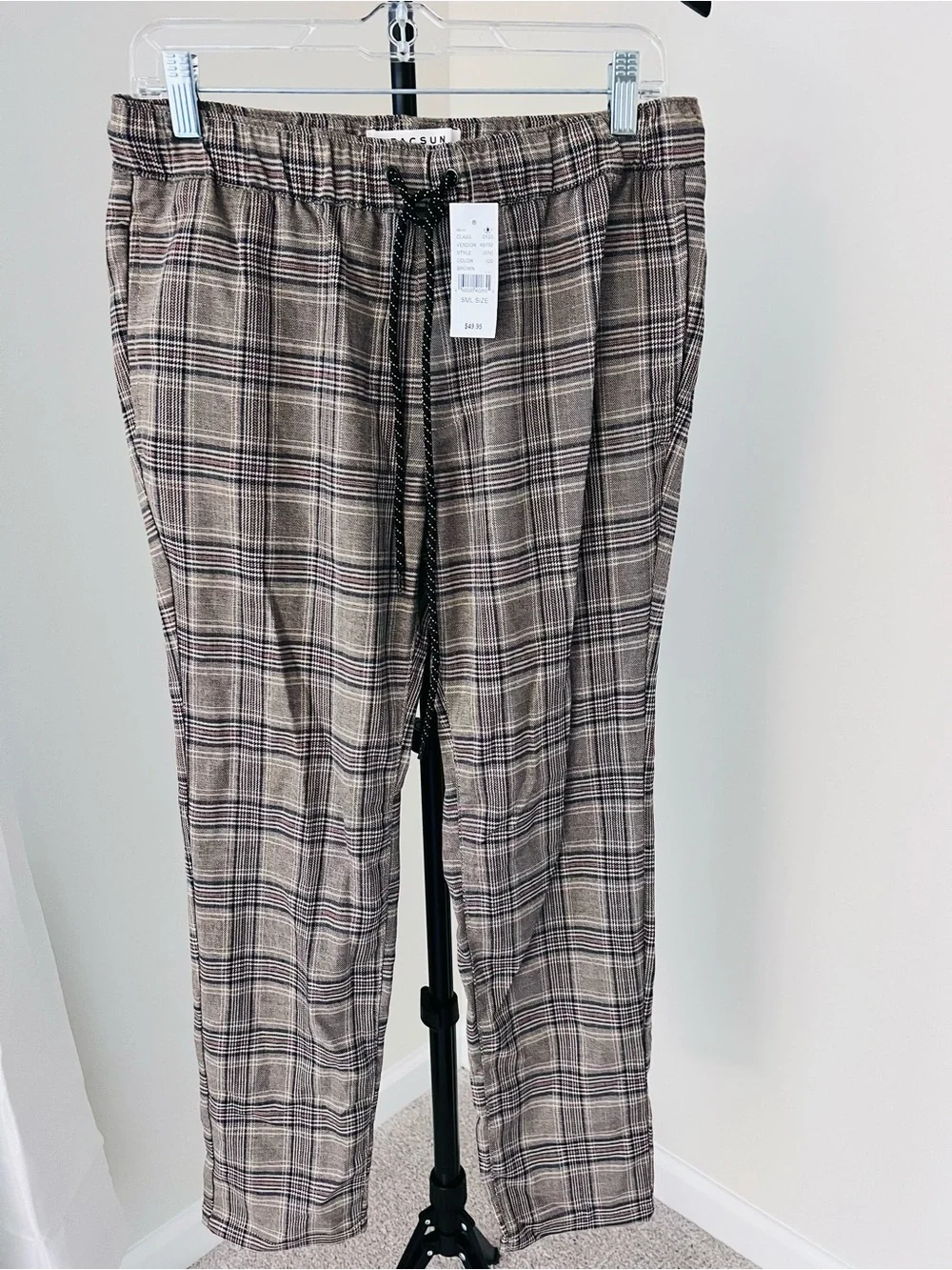 PacSun Men's Plaid Drawstring Trousers in Brown and Black S